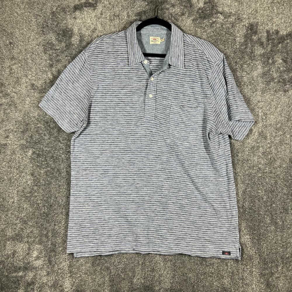 Faherty Polo Shirt Mens XL Blue Striped Pocket Jersey Cotton Polyester Casual